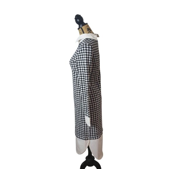Womens Chic Houndstooth Dress 8 Black White Shift Collar Cuffs Long Sleeve Work - Picture 3 of 8